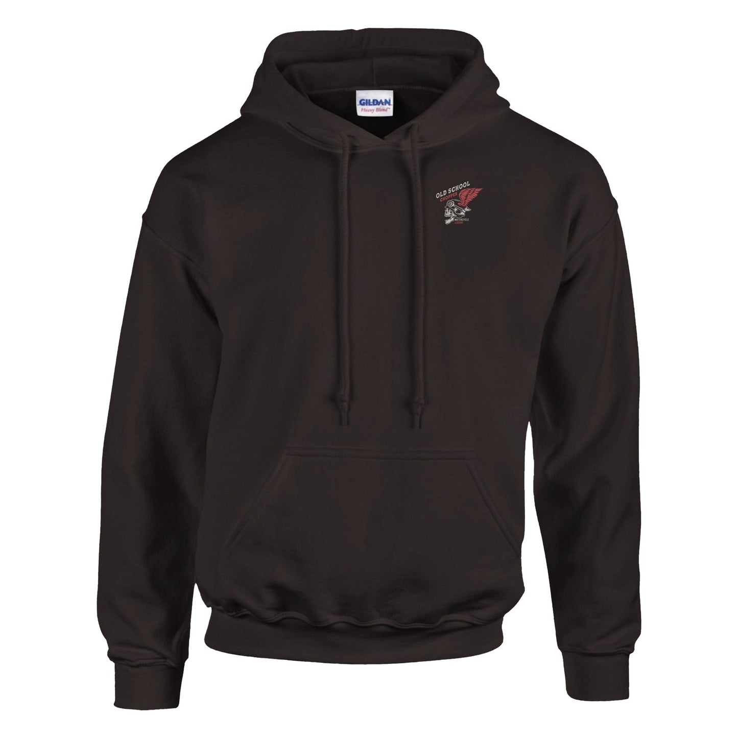 black men's rocker biker hoodie with double-lined hood, front pocket, and ribbed cuffs, made from soft cotton-polyester blend for comfort and durability.