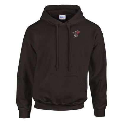 Black men's rocker biker hoodie with double-lined hood, front pocket, and ribbed cuffs, made from soft cotton-polyester blend for comfort and durability.