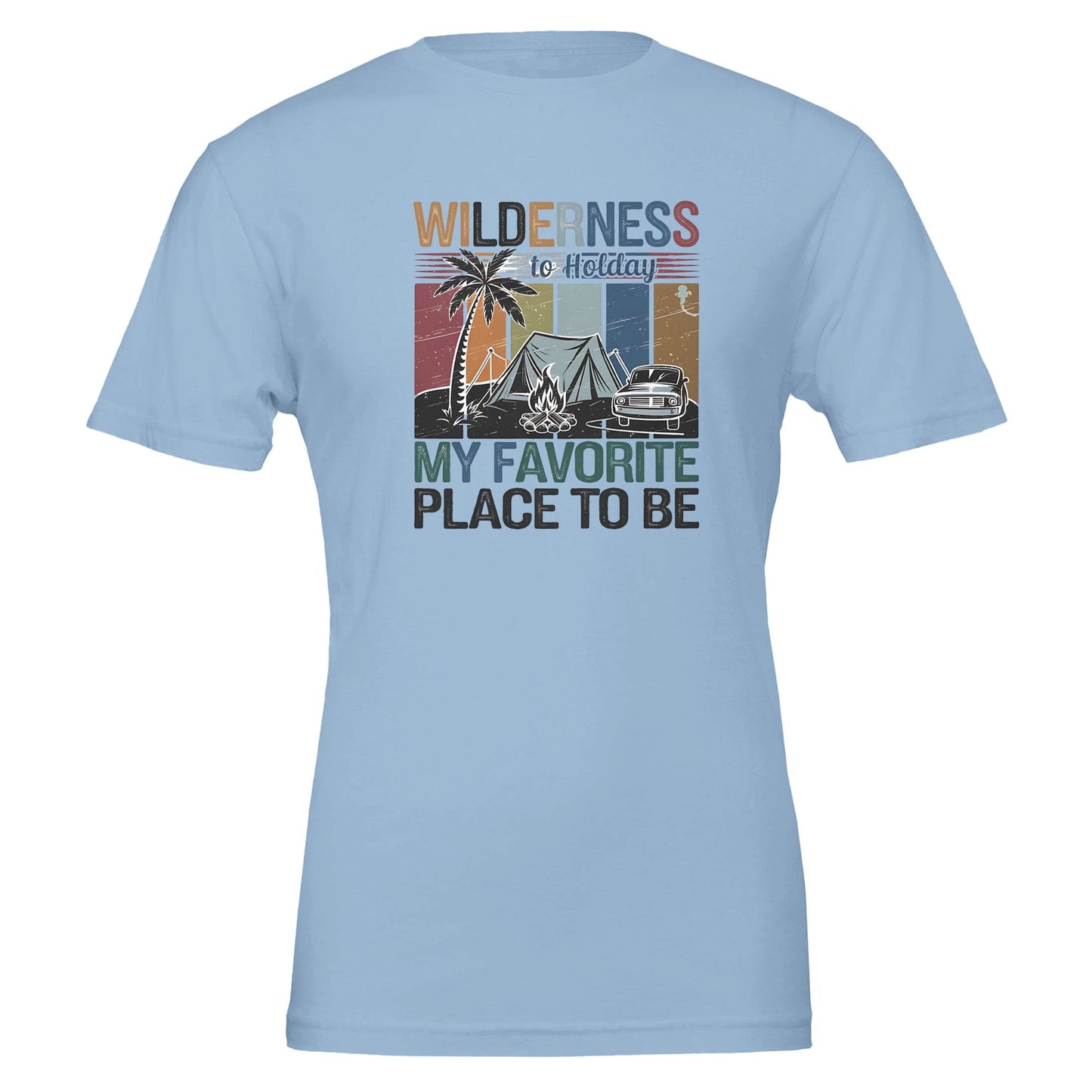 hellblaues premium wilderness t-shirt mit vintage-camping-motiv und unisex passform aus weicher, umweltfreundlicher baumwolle