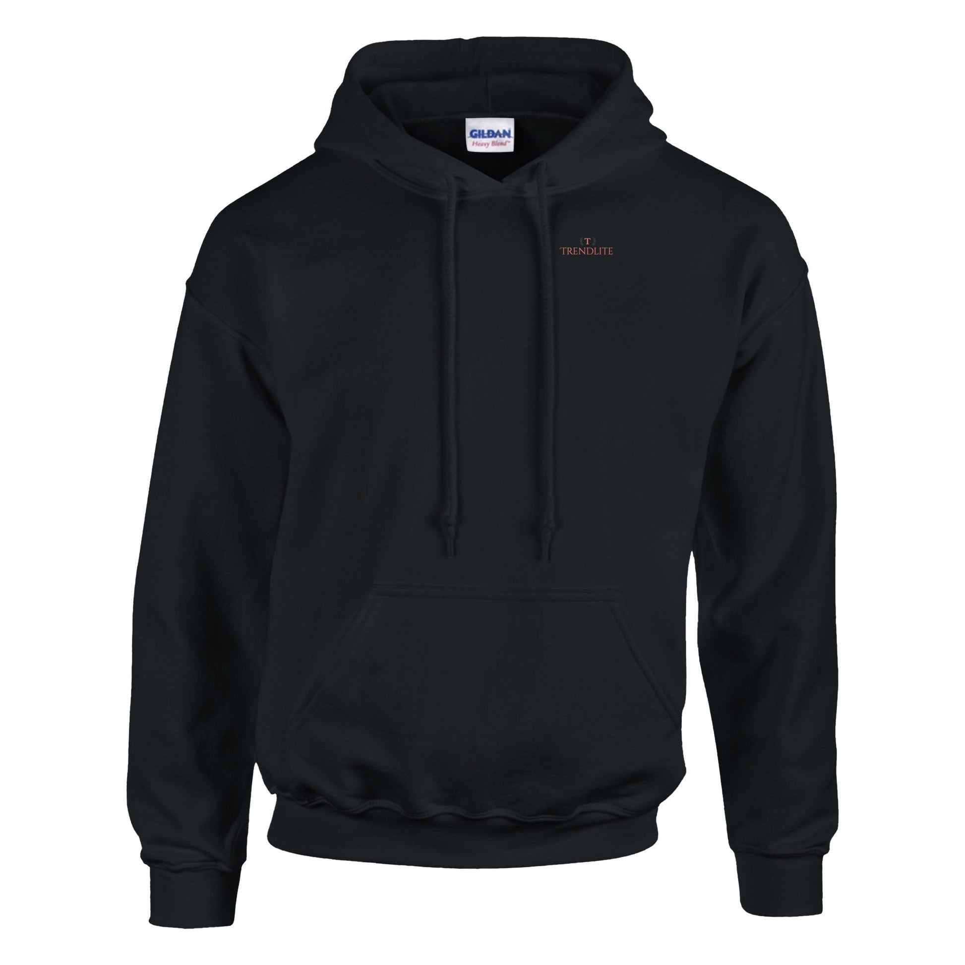Black unisex hoodie with front pouch pocket and double-lined hood, made of soft cotton-polyester blend for comfort and durability.