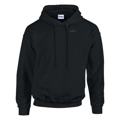 Black unisex hoodie with front pouch pocket and double-lined hood, made of soft cotton-polyester blend for comfort and durability.