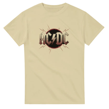 Beiges AC DC T-Shirt aus schwerer Baumwolle mit klassischem Schnitt und Bandlogo für Hard Rock Fans