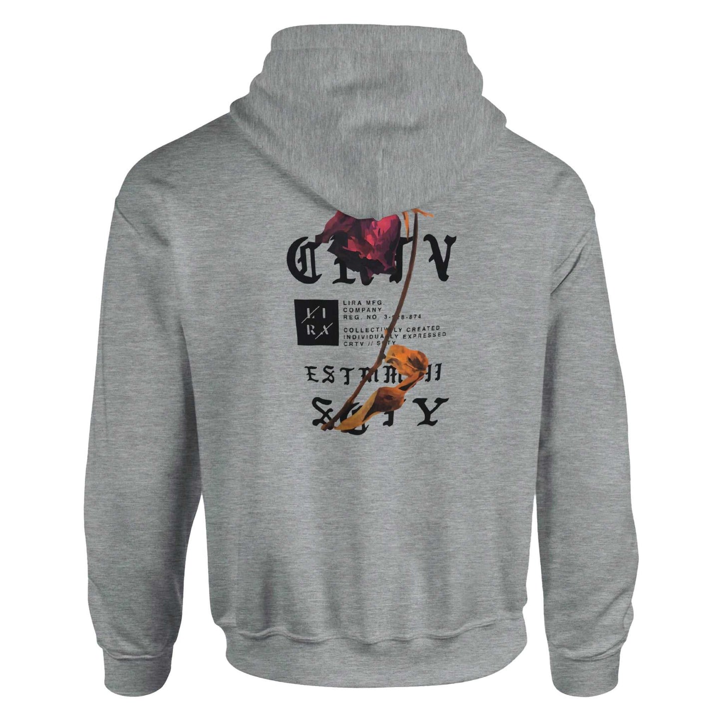 grey lira streetwear hoodie with graphic print on the back, unisex casual cotton-polyester blend sweatshirt with hood and drawstrings.