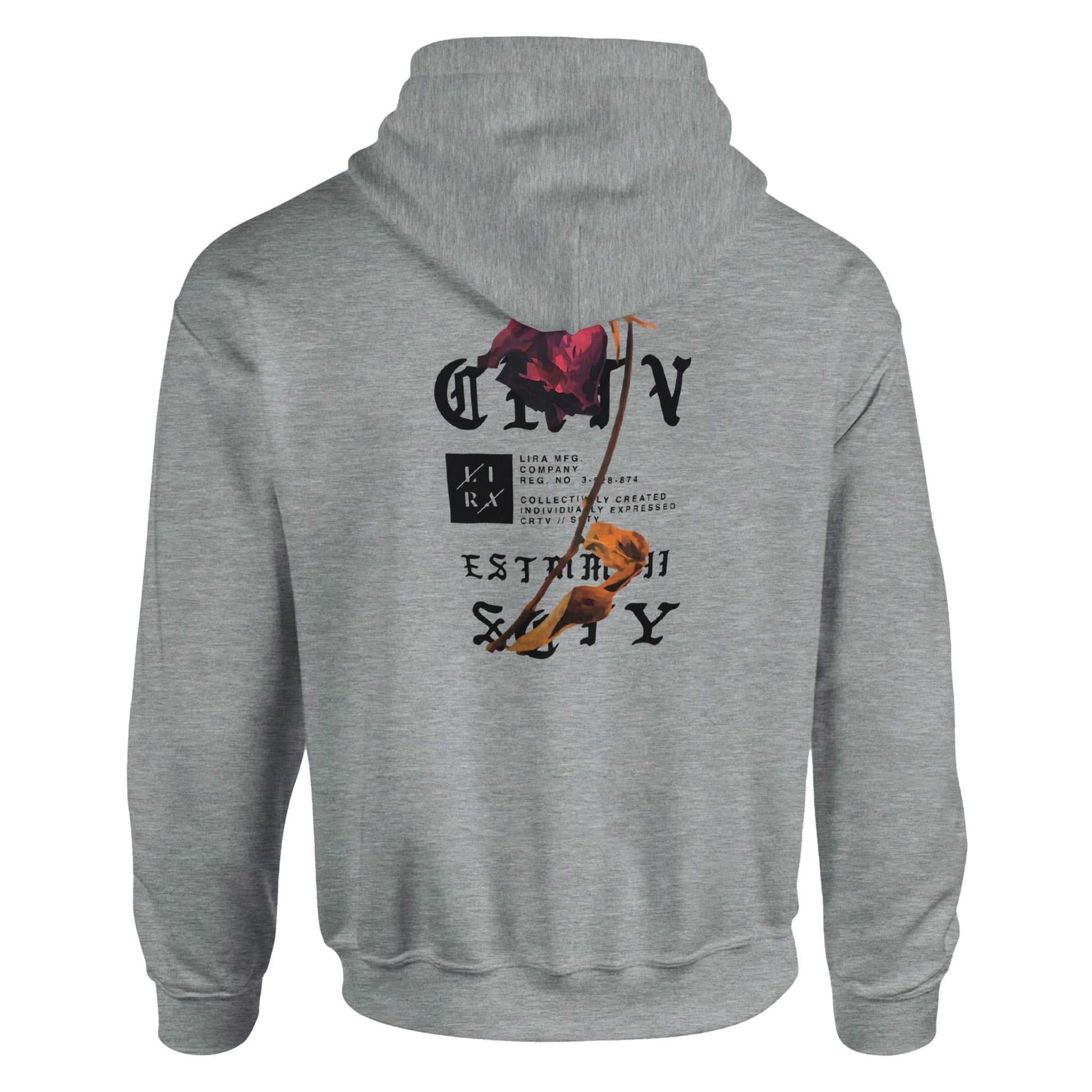 Grey Lira Streetwear Hoodie with graphic print on the back, unisex casual cotton-polyester blend sweatshirt with hood and drawstrings.