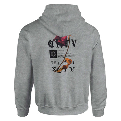 Grey Lira Streetwear Hoodie with graphic print on the back, unisex casual cotton-polyester blend sweatshirt with hood and drawstrings.