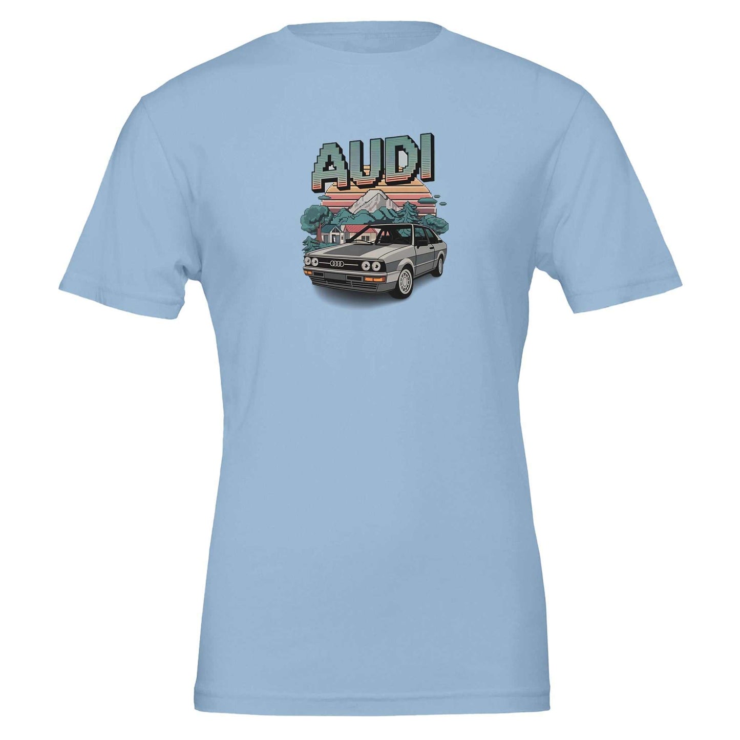 light blue oldschool t-shirt with vintage audi car and pixel art design on front