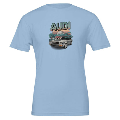 Light blue oldschool t-shirt with vintage Audi car and pixel art design on front