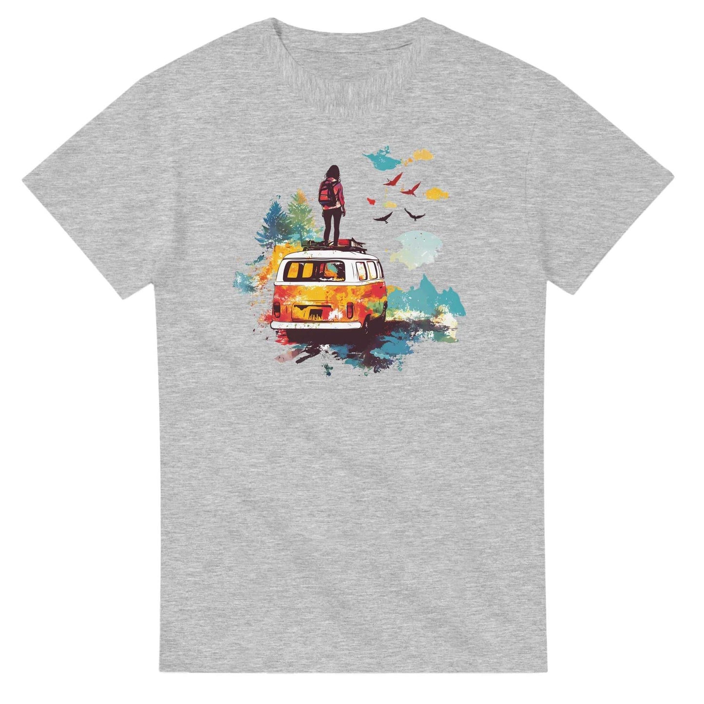 graues t-shirt mit buntem sommer camping feeling motiv und outdoor abenteurer design