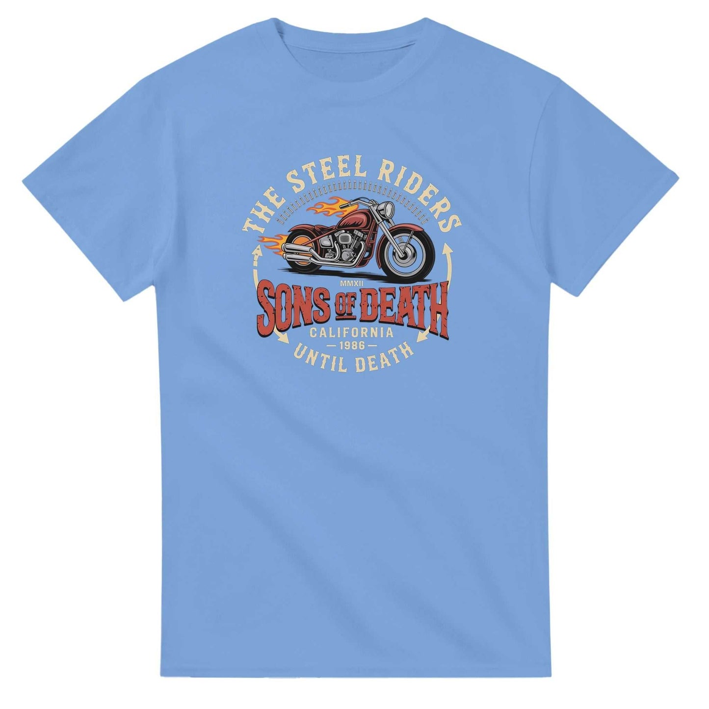 blaues biker t-shirt aus schwerer baumwolle mit motorrad-design und klassischer passform