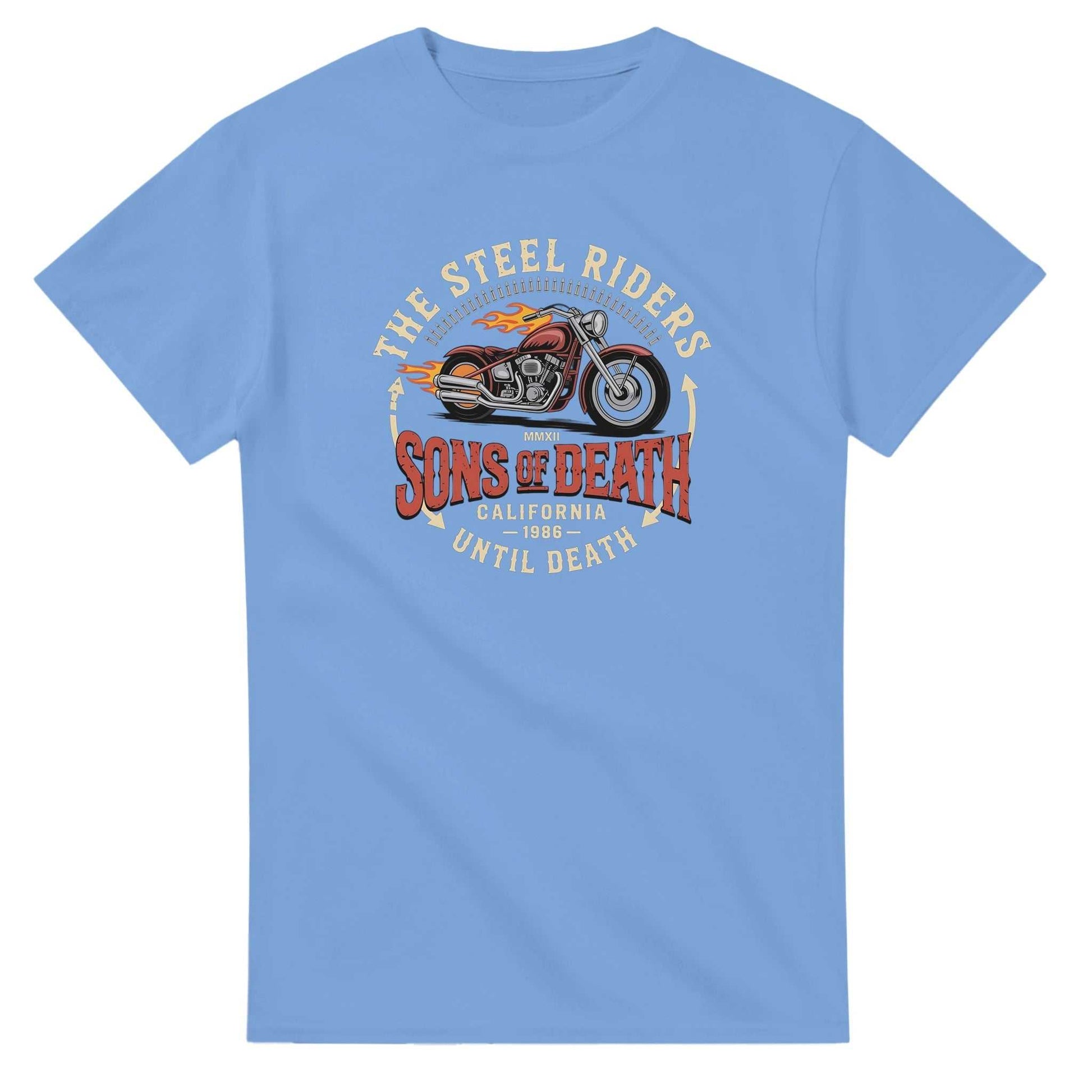 Blaues Biker T-Shirt aus schwerer Baumwolle mit Motorrad-Design und klassischer Passform