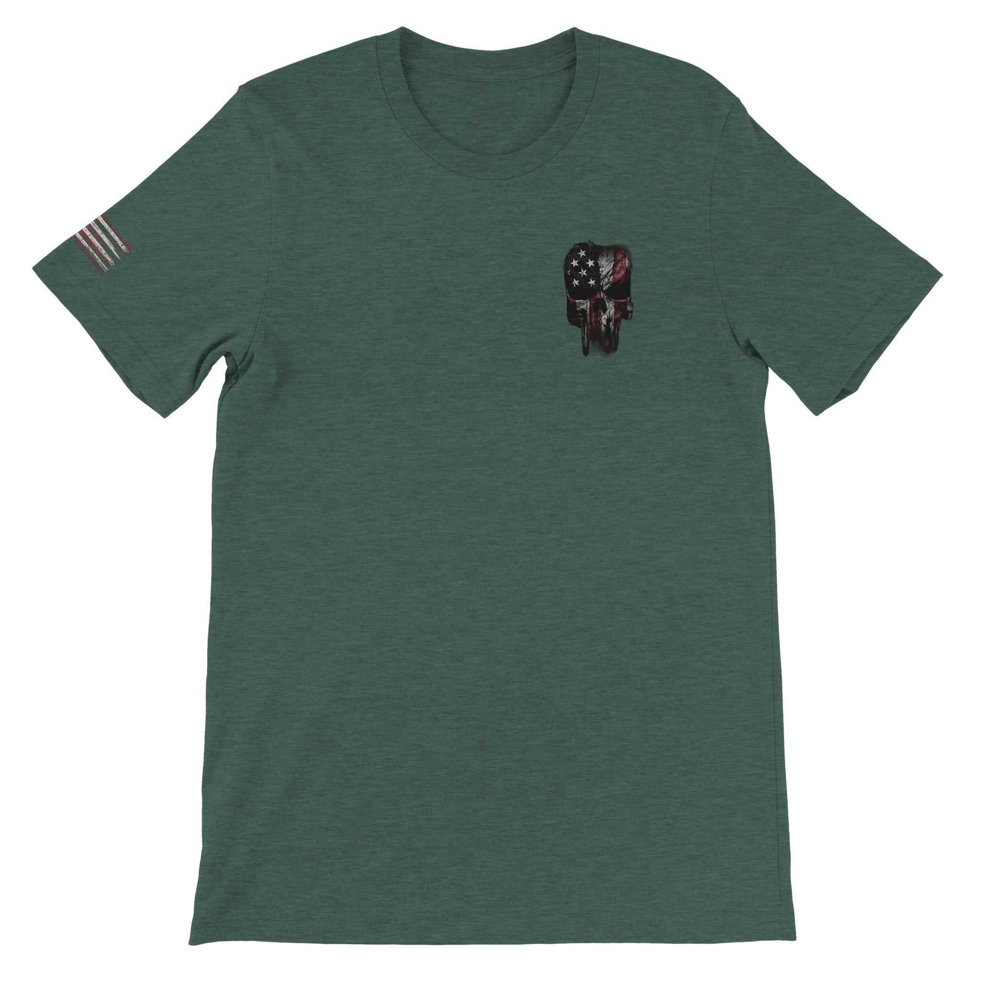 American Feeling Unisex T-Shirt in green with an American flag skull design on the chest and flag stripes on the sleeve, made from soft, durable cotton blend ideal for DTG printing
