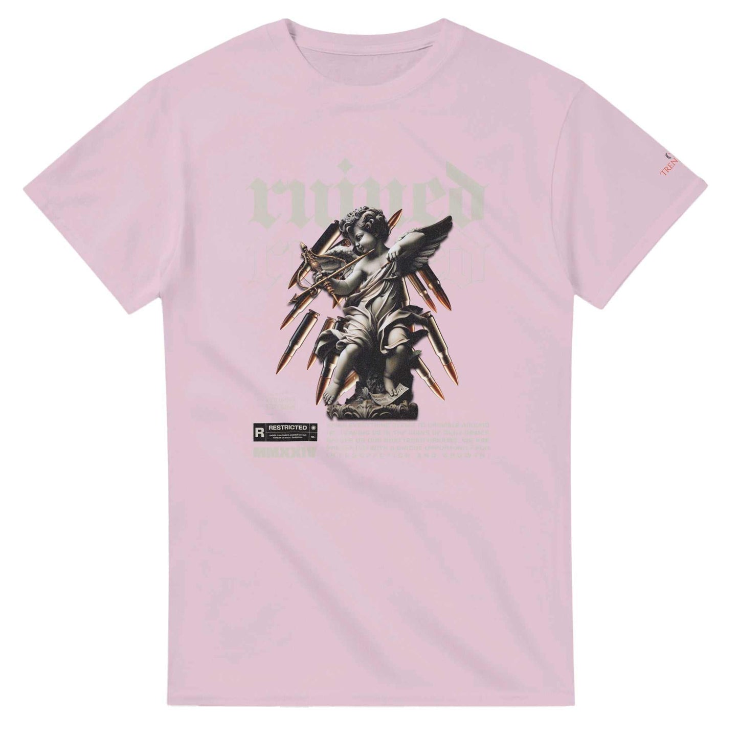 ruined streetwaer unisex crewneck t-shirt in pink with angel graphic and lightweight cotton design
