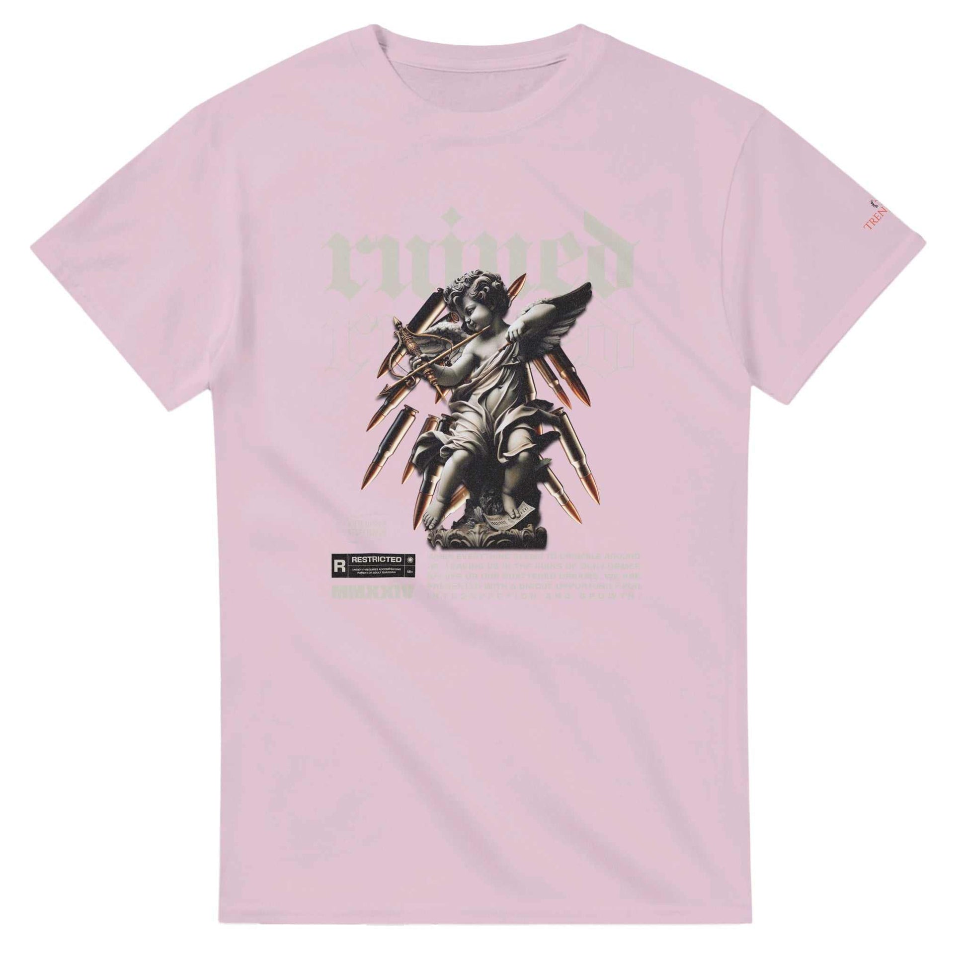 Ruined Streetwaer Unisex Crewneck T-shirt in pink with angel graphic and lightweight cotton design