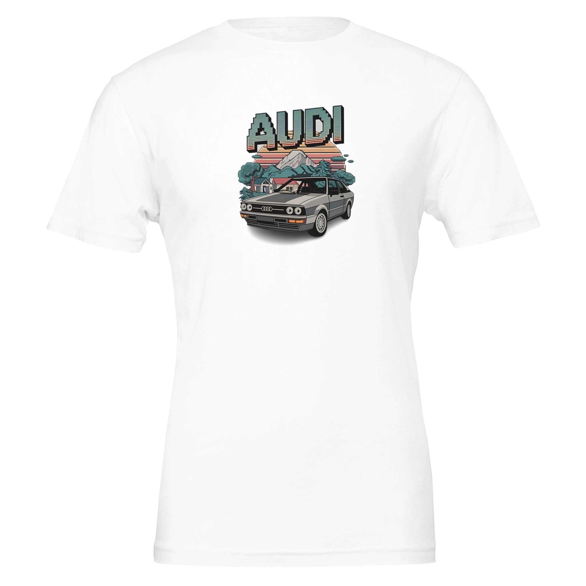 White oldschool T-shirt featuring pixel art Audi car and mountains design