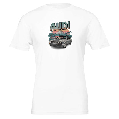 White oldschool T-shirt featuring pixel art Audi car and mountains design