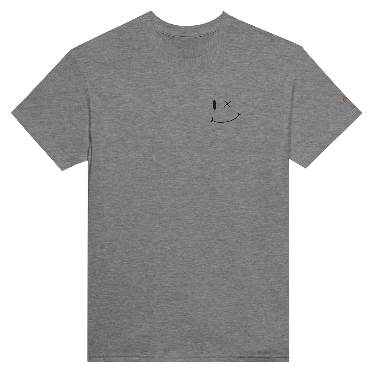 graues stickerei smile unisex t-shirt aus schwerer baumwolle mit klassischer passform und doppelt genähtem kragen.