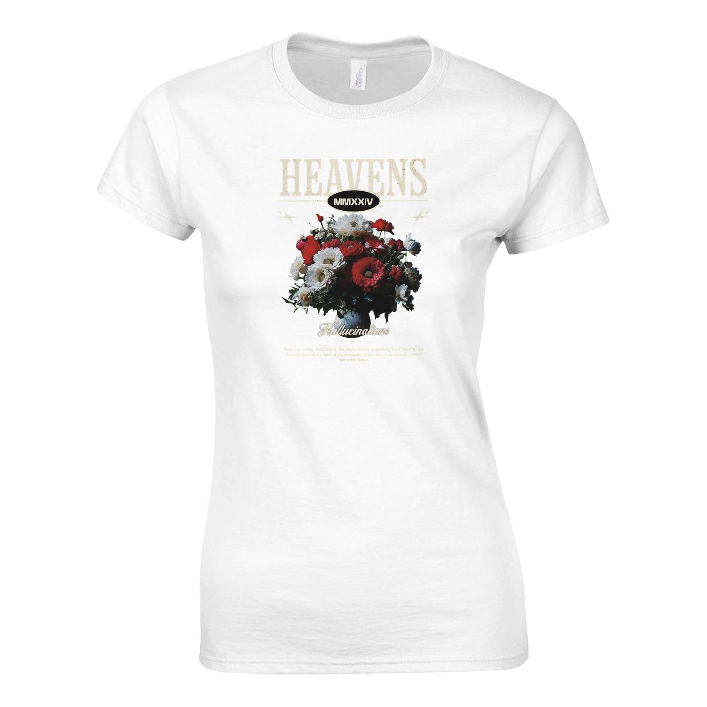 weißes gildan® 64000l damen-t-shirt mit heavens crewneck streetwear und blumenmotiv, aus 100% ringgesponnener baumwolle.