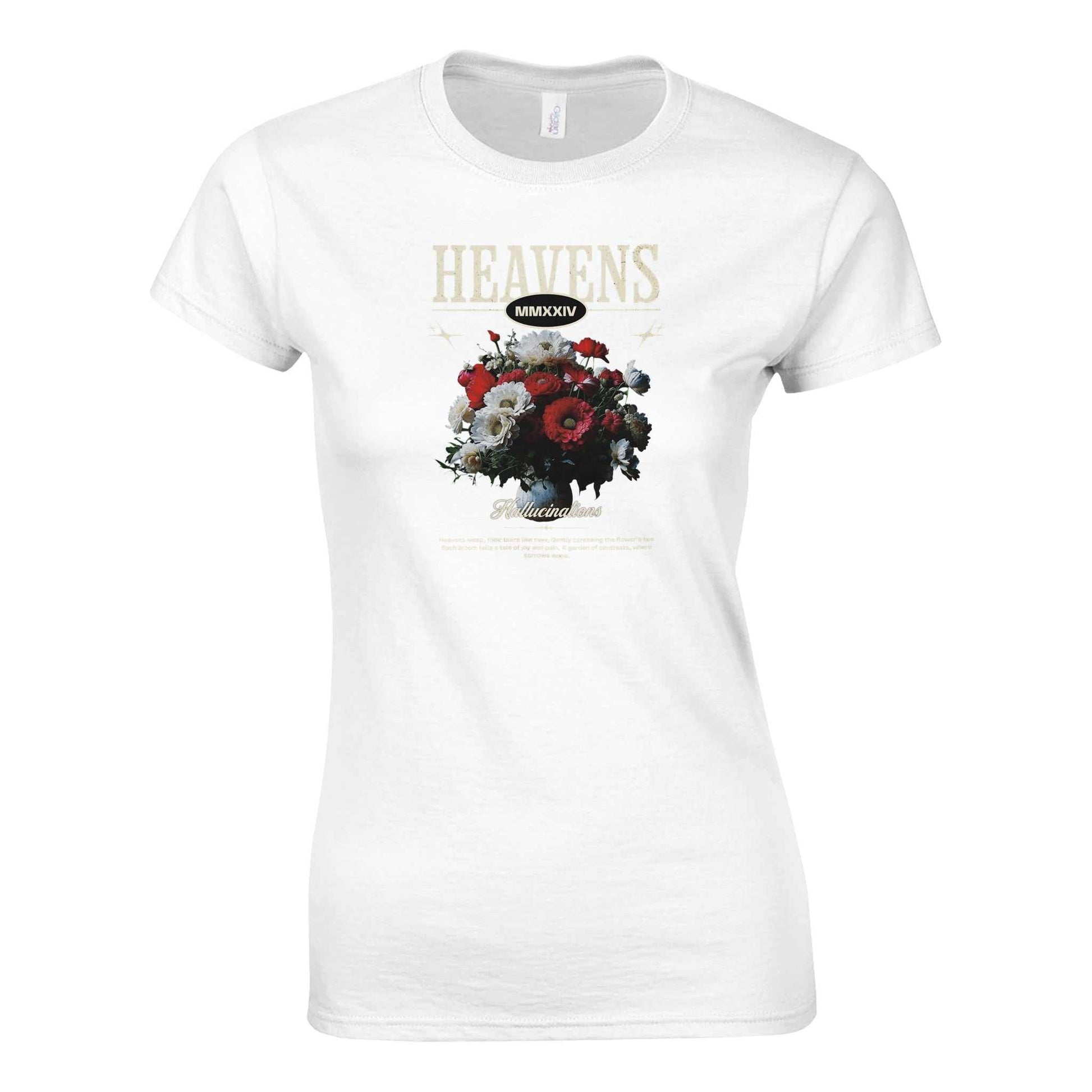 Weißes Gildan® 64000L Damen-T-Shirt mit Heavens Crewneck Streetwear und Blumenmotiv, aus 100% ringgesponnener Baumwolle.