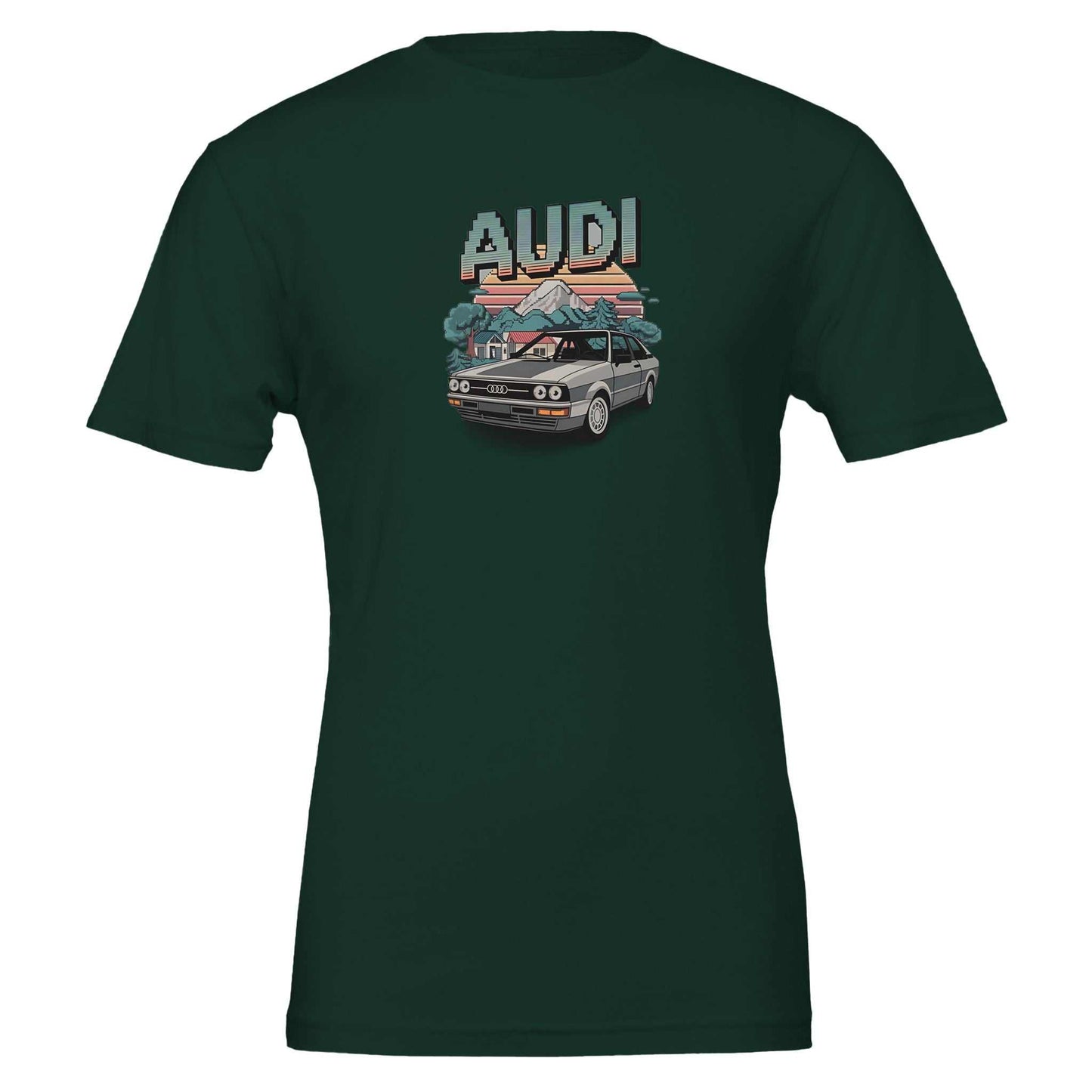 oldschool t-shirt with vintage audi car and pixel art design on dark green cotton tee