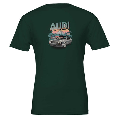 Oldschool T-shirt with vintage Audi car and pixel art design on dark green cotton tee