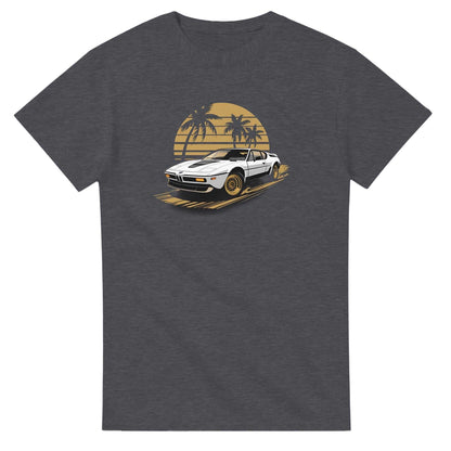 Premium unisex summer car t-shirt with vintage convertible car and palm tree design on charcoal cotton fabric