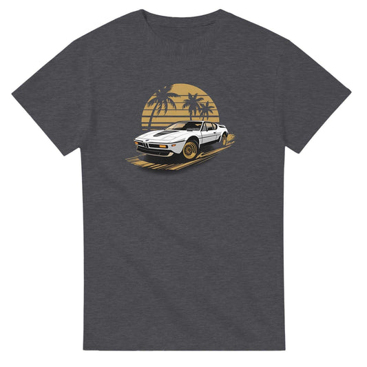 Premium unisex summer car t-shirt with vintage convertible car and palm tree design on charcoal cotton fabric