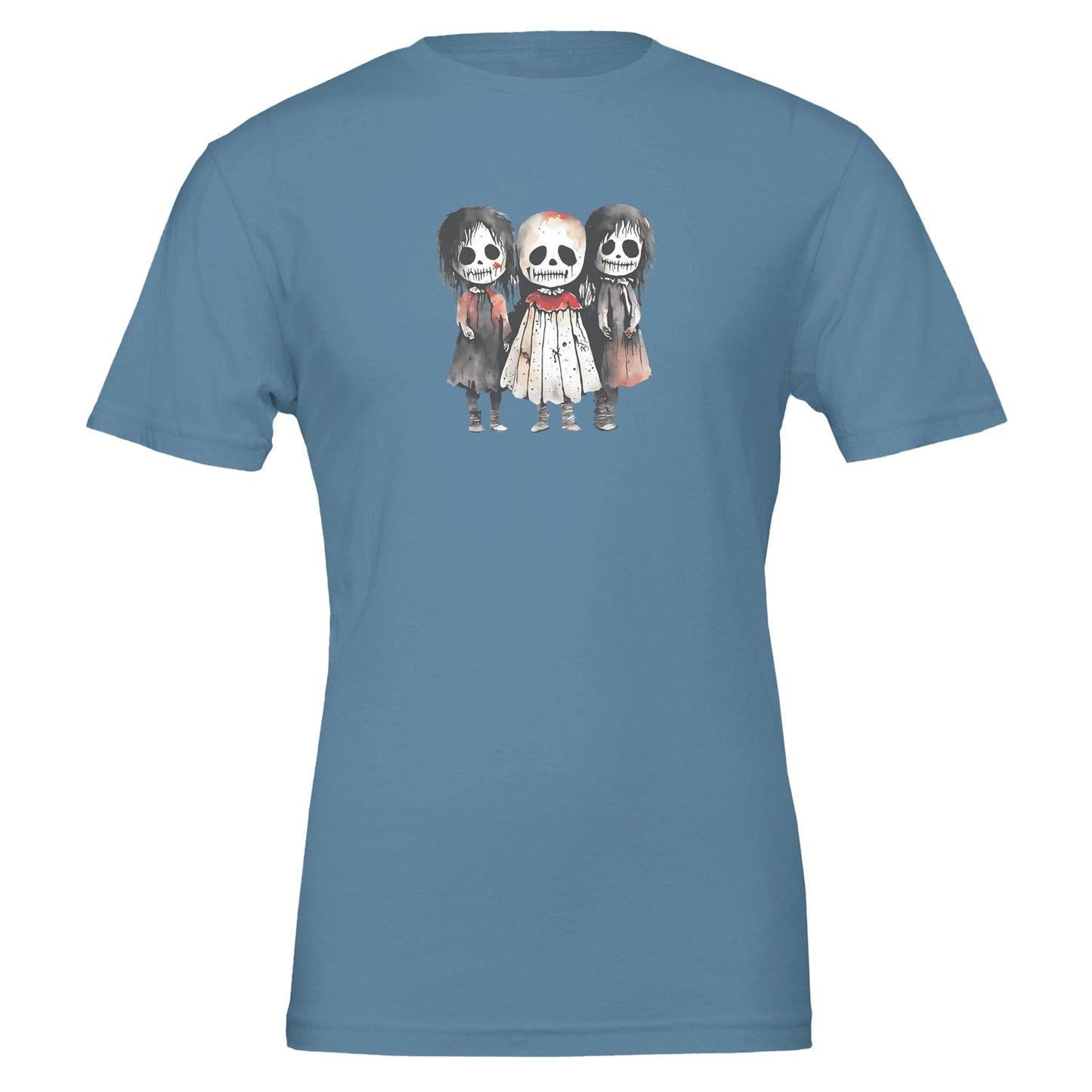 blue eco-friendly children's horror t-shirt featuring three spooky cartoon characters with skull faces, soft and durable cotton material.