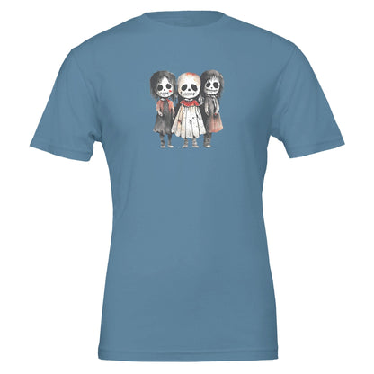 Blue eco-friendly children's horror t-shirt featuring three spooky cartoon characters with skull faces, soft and durable cotton material.