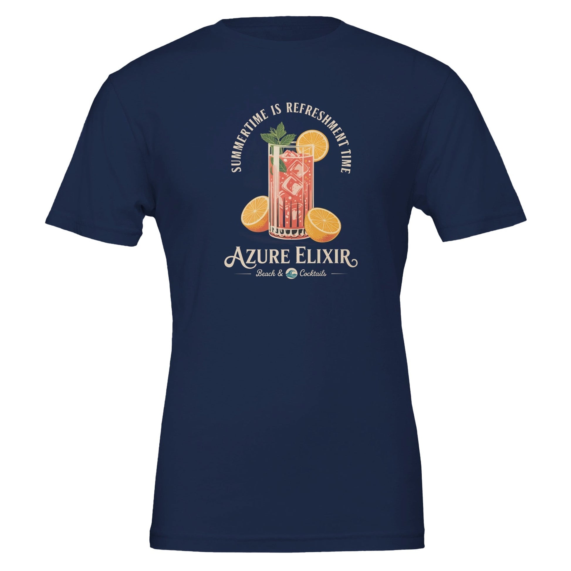 Unisex Sommer T-Shirt dunkelblau mit Cocktail-Print und sommerlichem Design