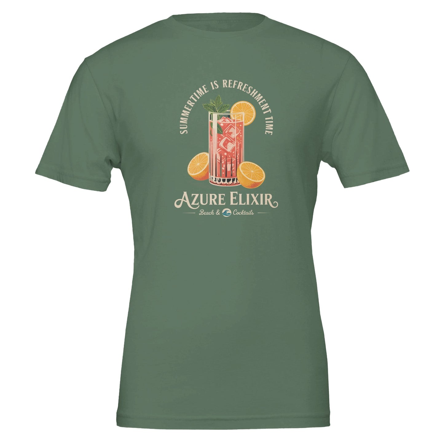 grünes sommer t-shirt mit cocktail-print, unisex, aus weicher baumwolle für strand und bar