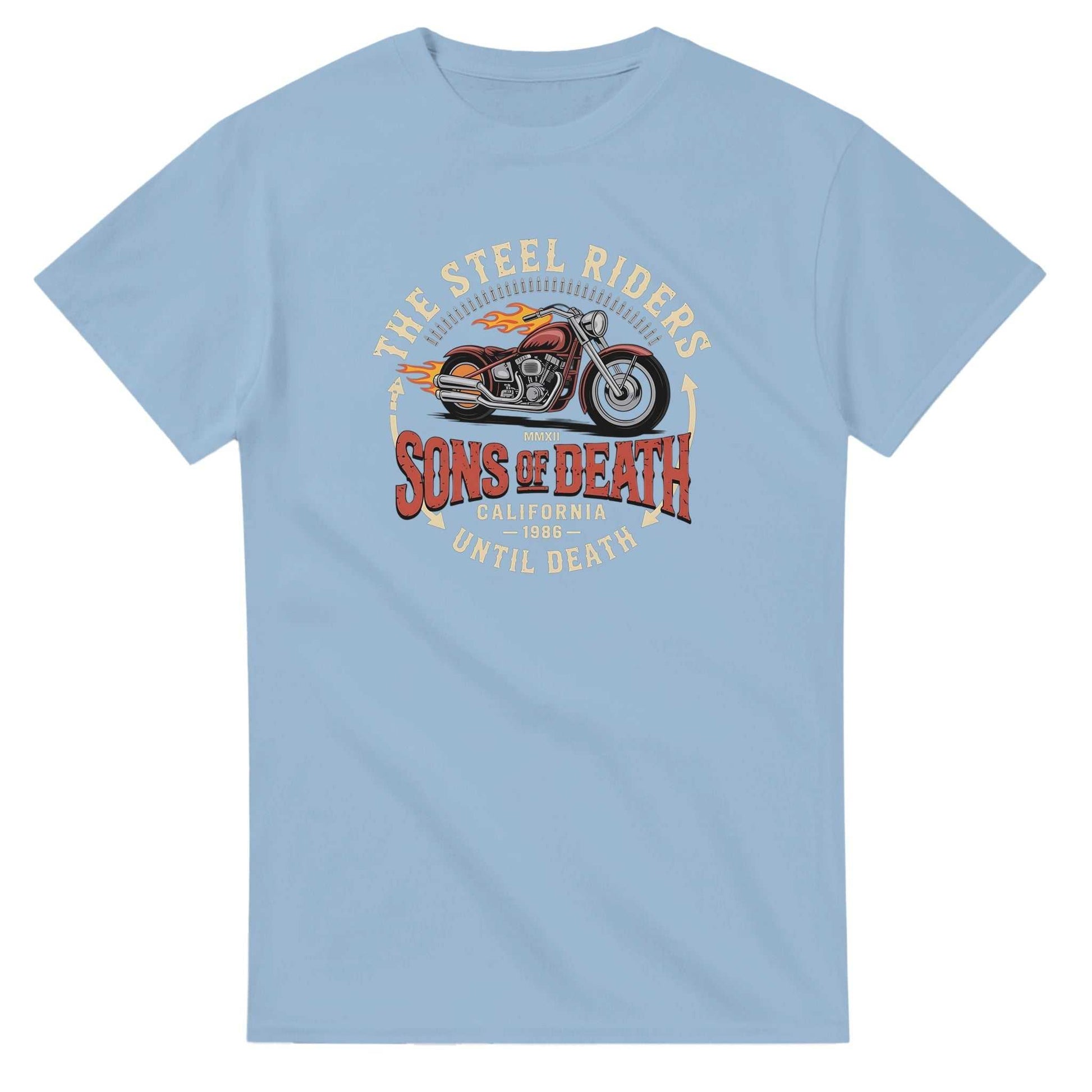 Blaues Biker T-Shirt mit Motorrad-Grafik und "Sons of Death" Aufdruck, schwere Baumwolle, klassische Passform