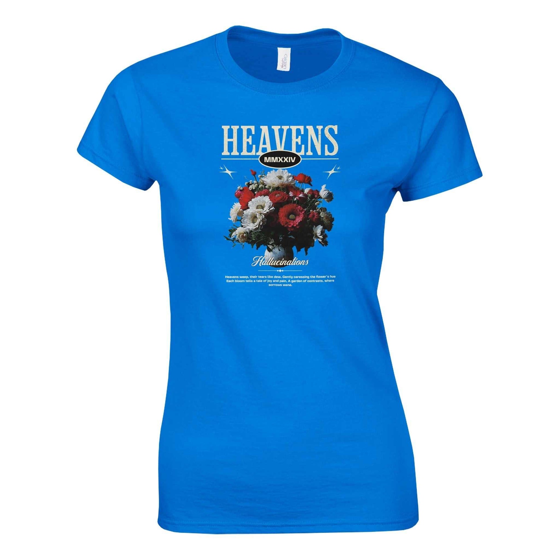 Gildan® 64000L Women's blue crewneck t-shirt with Heavens floral streetwear design, soft ring spun cotton, semi-fitted shape.