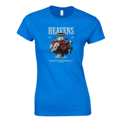 Blaues Gildan® 64000L Damen T-Shirt mit Heavens Crewneck Streetwear Blumenmotiv und komfortabler Passform aus 100% Baumwolle