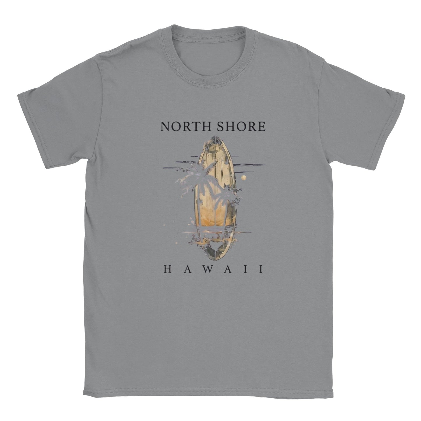 hawaii sommer beach t-shirt mit surfbrett und palmen motiv, unisex, aus baumwolle, grau