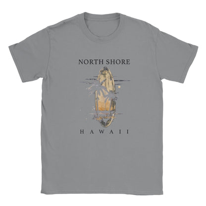 Hawaii Sommer Beach T-Shirt mit Surfbrett und Palmen Motiv, unisex, aus Baumwolle, grau