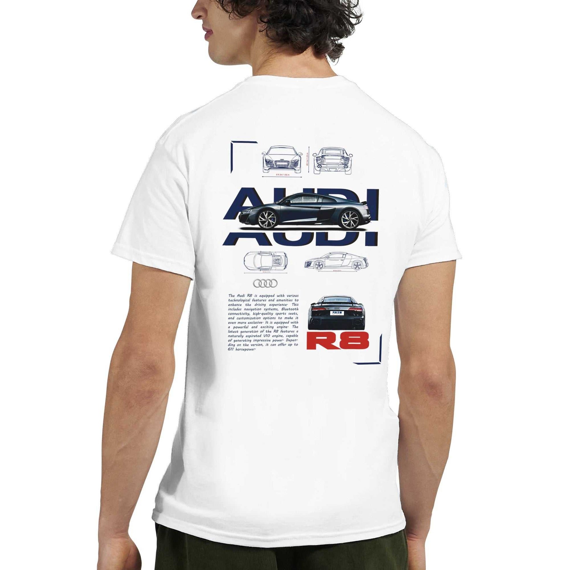 Mann trägt weißes Audi Liebhaber T-Shirt mit R8 Auto-Design auf der Rückseite, bequemes Baumwollmaterial