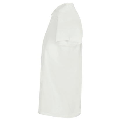 Weißes nachhaltiges Recycled T-Shirt mit kurzem Arm und Rundhalsausschnitt, unisex und umweltfreundlich hergestellt.