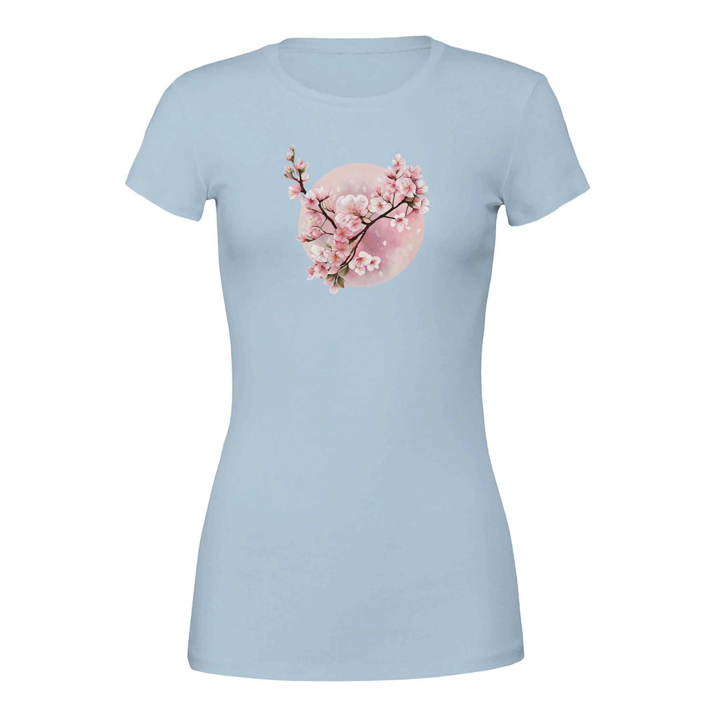 damen-t-shirt sakura spring in hellblau mit kirschblüten-motiv, taillierter passform und 100% gekämmter baumwolle