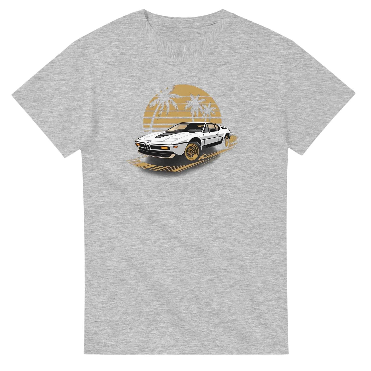 premium unisex summer car t-shirt featuring a vintage car graphic on a grey heavyweight cotton fabric with classic fit and durable stitching.