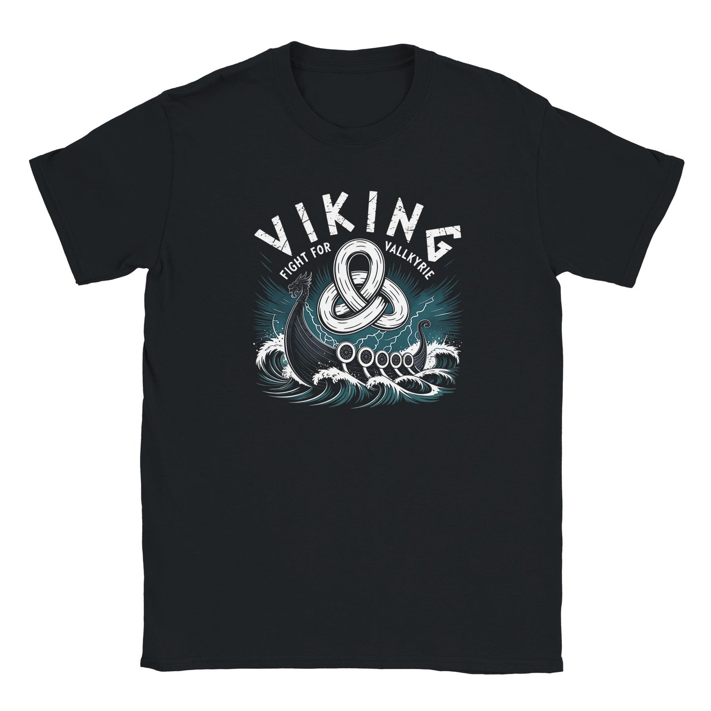 schwarzes wikinger t-shirt mit viking schildkrötenschiff und weißem, blauem design, weiche haptik und schlauchförmige passform