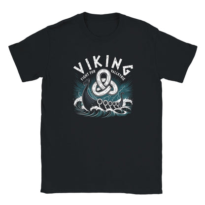 Schwarzes Wikinger T-Shirt mit Viking Schildkrötenschiff und weißem, blauem Design, weiche Haptik und schlauchförmige Passform