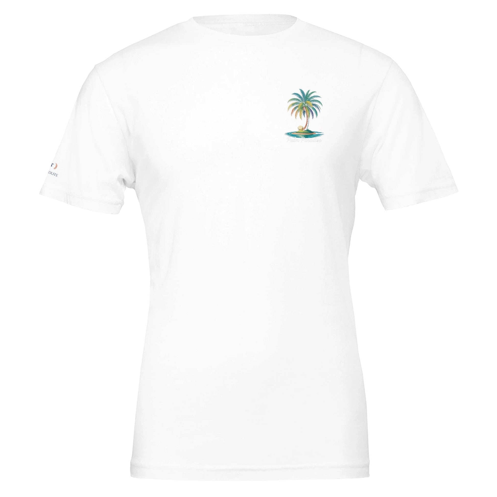 weißes Sommer T-Shirt mit kleinem Palmen-Stranddesign, unisex, aus weicher, umweltfreundlicher Baumwolle