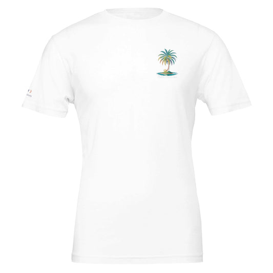 weißes Sommer T-Shirt mit kleinem Palmen-Stranddesign, unisex, aus weicher, umweltfreundlicher Baumwolle