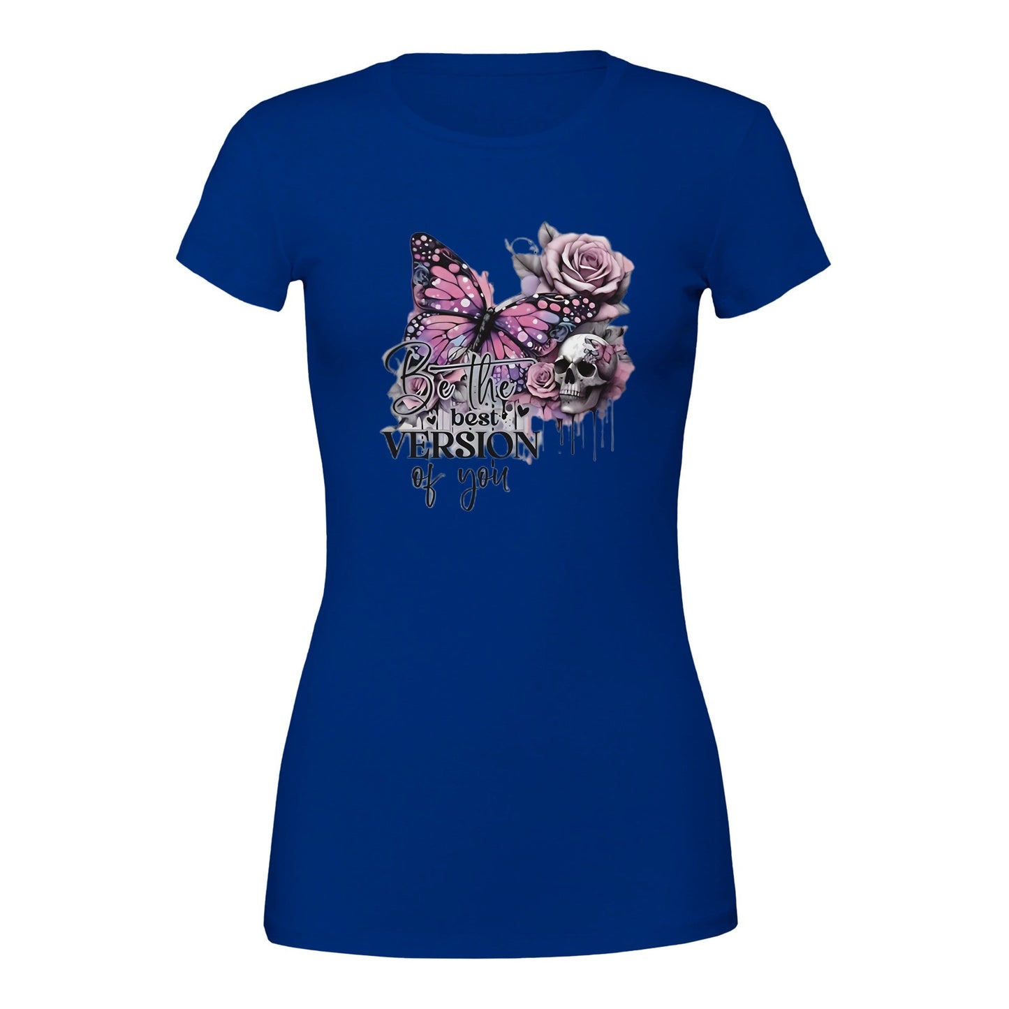 premium damen-crewneck-t-shirt in blau mit schmetterlings- und blumenmotiv und inspirierendem "best of you"-schriftzug, aus weicher baumwolle.