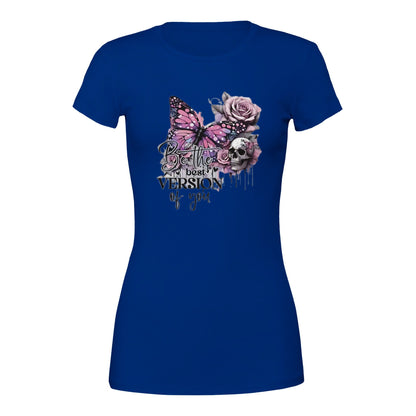 Premium Damen-Crewneck-T-Shirt in Blau mit Schmetterlings- und Blumenmotiv und inspirierendem "Best of You"-Schriftzug, aus weicher Baumwolle.