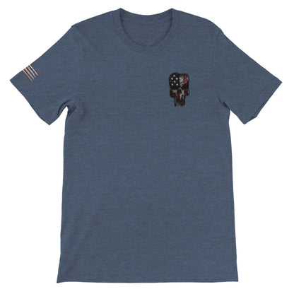 Grunt Style American Feeling Unisex T-Shirt in heather blue with American flag skull design and side flag print, soft cotton blend ideal for DTG printing
