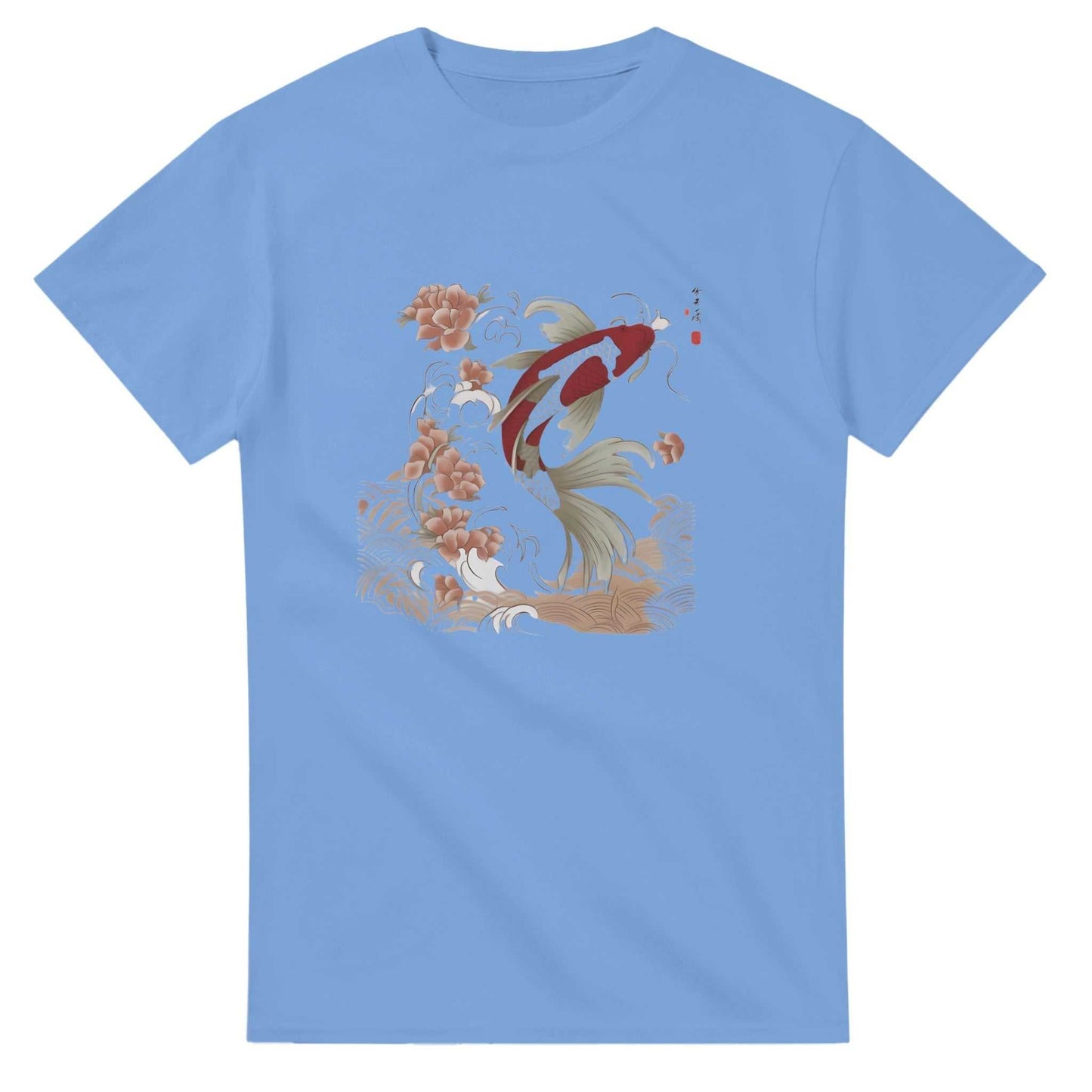 light blue unisex crewneck t-shirt with koi fish and floral asian style design, 100% cotton, durable heavyweight fabric.