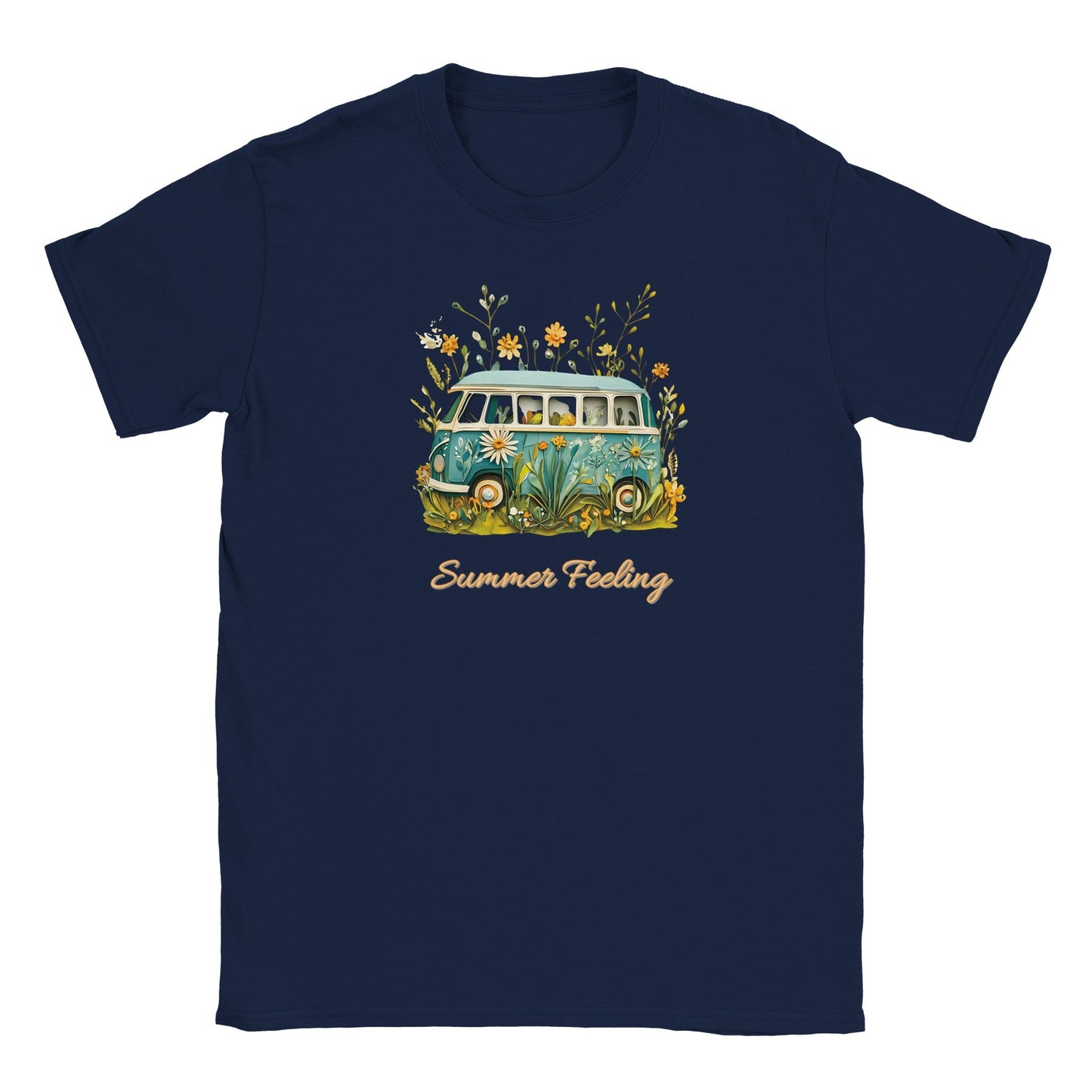 sommer t-shirt mit bully camper motiv, weich und bequem, ideal für strand und freizeit, navy blau