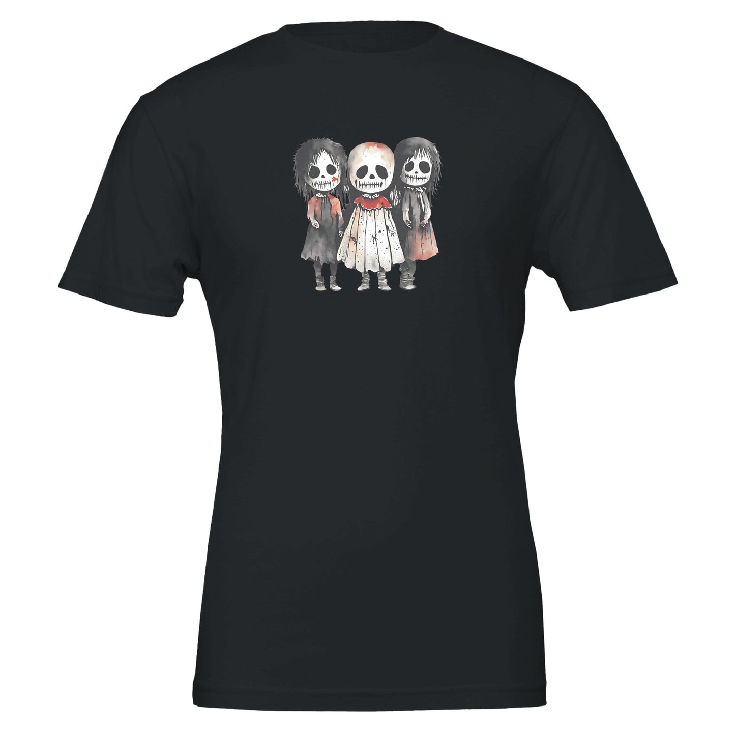 black horror child t-shirt featuring three spooky cartoon figures with skull-like faces, made from soft eco-friendly cotton.