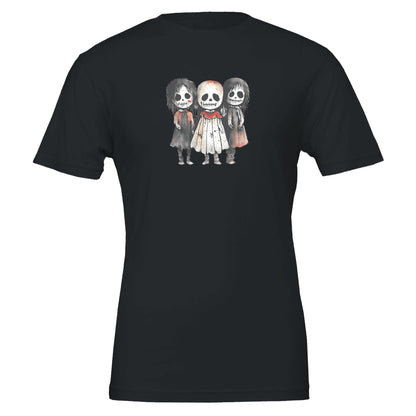 Black horror child t-shirt featuring three spooky cartoon figures with skull-like faces, made from soft eco-friendly cotton.